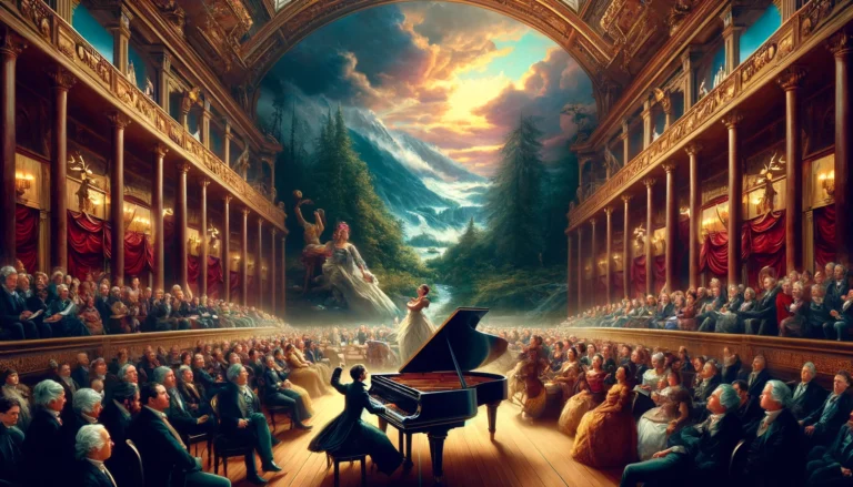 DALL·E 2024-06-02 18.21.08 - A vibrant scene capturing the essence of the Romantic Era, showcasing both classical music and art. The image features a grand concert hall with a pas